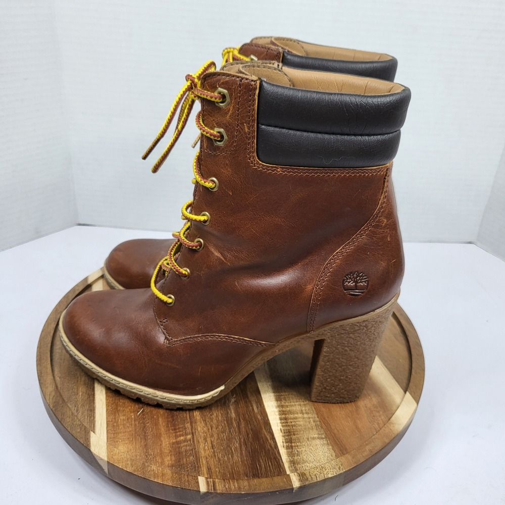 Timberland Kinsley Boot Women 7.5 Brown Good Leather Block Heel A2B4U Lug Sole